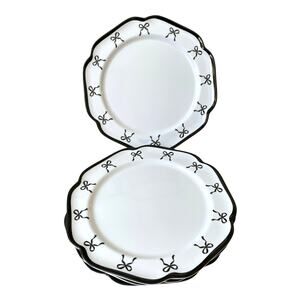 Shabby Chic Coquette BLACK Bow Melamine Dinner Plates 11in Set of 4 White New